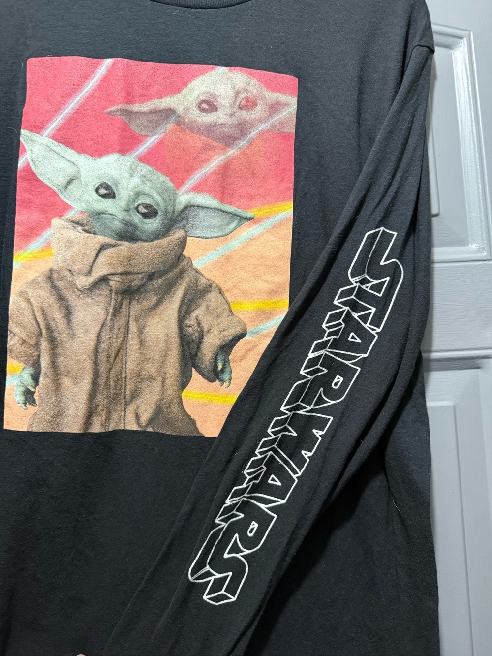 Star Wars Black Long Sleeve Tee with Grogu Color Block Graphic